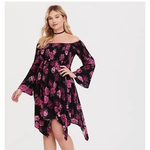 Black floral handkerchief challis mini dress